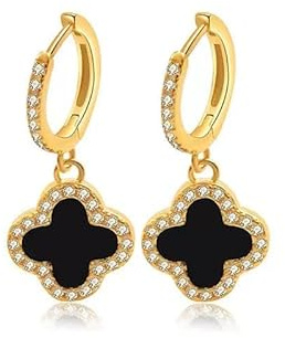 Boho Vier Blatt KleeOhrringe Schwarz Klee Ohrringe Kristall Klee Dangle Ohrringe Cz Huggie Hoop Ohrringe Schmuck für Frauen und Mädchen Geschenke (Schwarz)