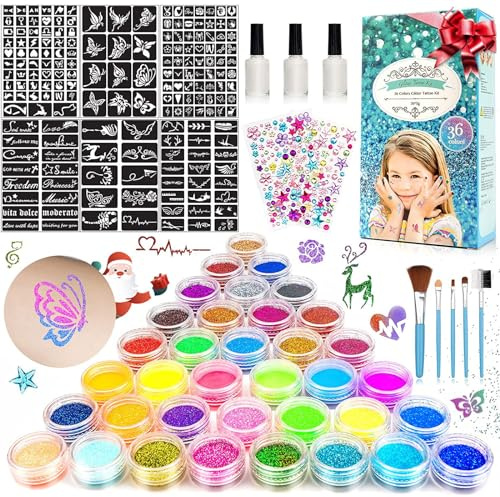 Glitter Tattoos for Kids, Temporary Tattoo Kit - 36 Colours Glitter, 182 Stencils, 6 Fluorescent, 215 Rhinestones, Skin Friendly Flash Make Up for Girls & Adults, Gift for Carnival, Birthday, Party