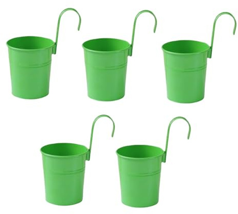 XZJMY 5 vasi da fiori da appendere, in metallo, secchiello in metallo, con gancio, decorazione per interni ed esterni, per ringhiere, recinzioni, balconi, giardini (verde scuro)