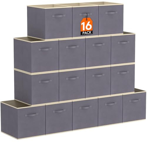 Lifewit 16 Stück Aufbewahrungsbox aus Stoff, Faltbar Aufbewahrungswürfel Kallax Boxen Aufbewahrung aus Vliesstoff mit Griff für Würfelregal Kallax Boxen Regal Einsatz, 26,5 X 26,5 X 28 Cm, Grau