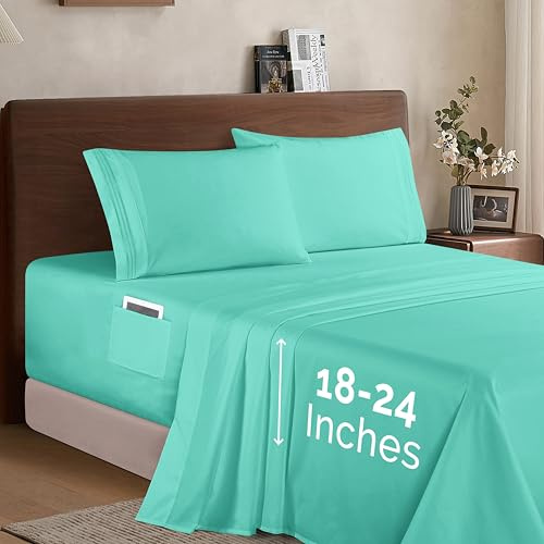 Elegant Comfort Luxury 1500 Premium Hotel Quality Microfiber 4-Piece Sheet Set - Soft, All Around Elastic 18-24 Inches Deep Fitted Sheet - Extra Deep Pocket Sheets, Queen, Paradise Teal