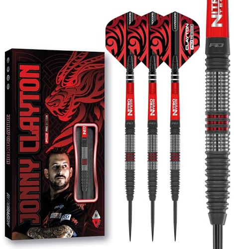 RÖDA DRAGON Darts – professionell spelare Jonny Clayton Hiraeth-serien – 90 % volframdartset med dartflygningar och dartaxlar (stammar) – finns i mjuk spets 18 g och stålspets 22 g och 23 g