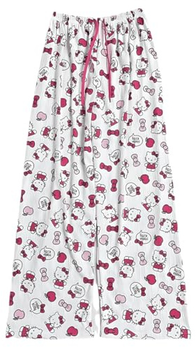 Women's Pyjama Bottoms Casual Kitty Lounge Pants Elastic Waist Drawstring Pj Bottoms Kitty Print Loungewear Trousers Comfortable Wide Leg Pants for Nightwear(BM)
