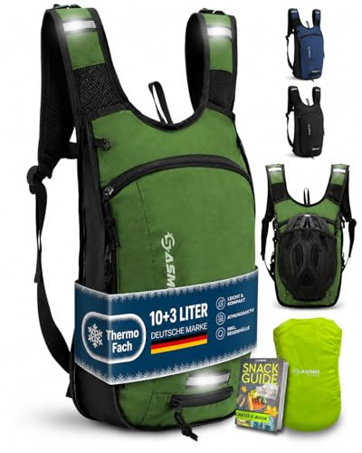 SASMO Zaino da bicicletta 10 + 3 l (verde) con scomparto termico e rete per casco, zaino per mountain bike, con protezione antipioggia, per uomo e donna