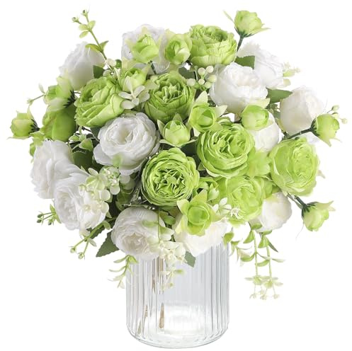 Floweroyal 4 Bunches Peony Artificial Flowers Green White Flowers Silk Peonies Bouquets for Wedding Party Table Centerpieces Floral Arrangement Home Kitchen Decor
