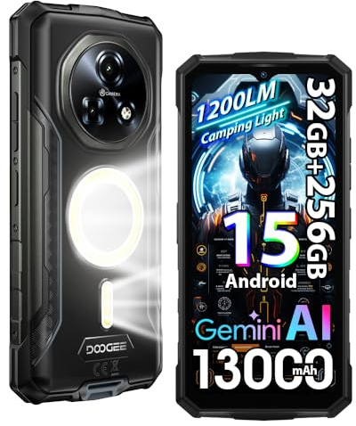 DOOGEE Fire 5 UItra 4G Rugged Smartphone,1200LM Luce Campeggio, 32GB+256GB/2TB,13000mAh 18W Android 15 Telefono Indistruttibile,6.6''HD+90Hz,48MP AI Fotocamera, IP68/NFC/OTG/3 Slot (Grigio)