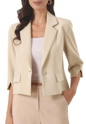 Allegra K Mujer Blazer Corto Casual de Negocios Manga 3/4 Chaqueta de Traje | Blazer de Solapa con un Botón Ropa Elegante de Oficina para Primavera Verano Otoño