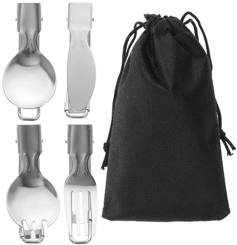 PRETYZOOM Juego de Cubiertos Plegables de Acero Inoxidable 304 para Camping y Viaje Set Reutilizable de 5 Piezas con Cuchillo Tenedor Cuchara Tenedor de Ensalada y Bolsa Portátil