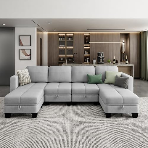 Jooli H 6 Seater Sofa with Hidden Storage, Fabric Corner Sofa with Movable Ottoman and Upholstered Cushions, U-Shaped Modular Sectional Sofa for Living Room and Home Office, Light Grey