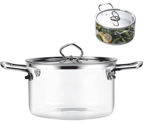 Glaskastrull, 2,5 L genomskinlig simmer kastrull med dubbla handtag i rostfritt stål, värmebeständiga glaskrukor med lock för matlagning av pasta, nudel, soppa, mjölkkök.