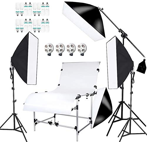 Photo Studio Softbox Kit Eclairage Vidéo avec 16x150W 5500K Ampoule CFL, E27 Douille 4 en 1, Support de Lumière, Bras Girafe, Shooting Table 100x200cm pour Portrait Produit Tournage Youtube