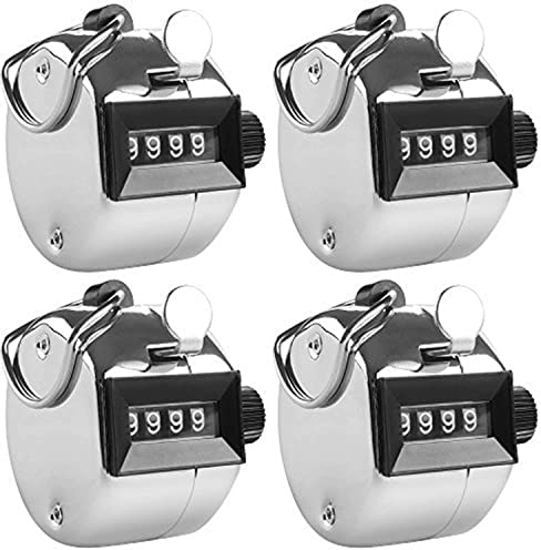 AFUNTA Manuelle Zähler mit 4 Ziffern, 4 Stück, mechanisch, mit Ringring, Fingerhalter, für Sport, Golf, Schrittzähler, silberfarben