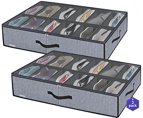 homyfort Set di 2 Organizzatore Scarpe Sottoletto con Coperchio Trasparente - Custodia Portascarpe a 12 Scomparti Organizer Pieghevole in Tessuto, Lino Grigio, XDUBSB2P