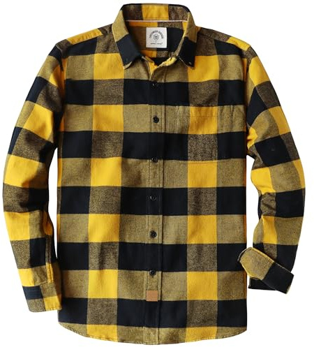 Dubinik® 6 oz Camisa Franela Hombre Casual Botones Algodón Camisas Manga Larga Cuadros con Bolsillos Trabajo B-Negro Amarillo L