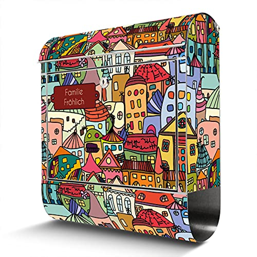 banjado® Briefkasten Edelstahl personalisiert mit Motiv Funky Town 38x43x12cm & 2 Schlüssel - rostfreier Edelstahl Briefkasten mit Zeitungsfach - Postkasten A4 Einwurf inkl. Montagematerial