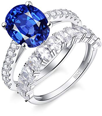 BONLAVIE 925 en Argent Sterling Femmes Bague de fiançailles Ensemble Coupe Ovale créé Bleu Saphir éternité Bague de Mariage Ensemble pour Les Femmes Taille 54
