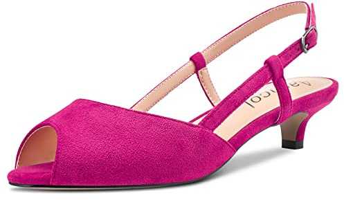 Aachcol Women Pumps Court Shoe Peep Open Toe Ankle Strap Slingback Kitten Low Heel Dress Shoes Sandals Suede Office Wedding Shopping Magenta Red B 3.5 CM 7.5 UK