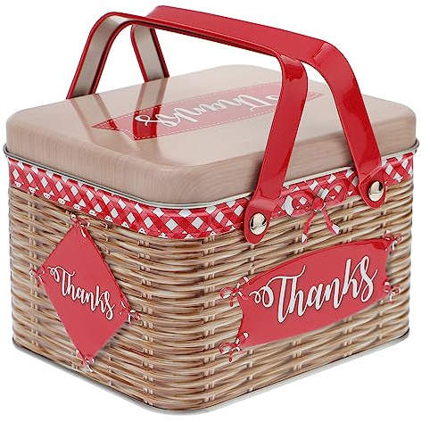 Kakburk jul röd retro plåtburk med handtag för kex godis bakverk förvaring dekorativ presentförpackning 15,5 x 12,8 x 10,6 cm