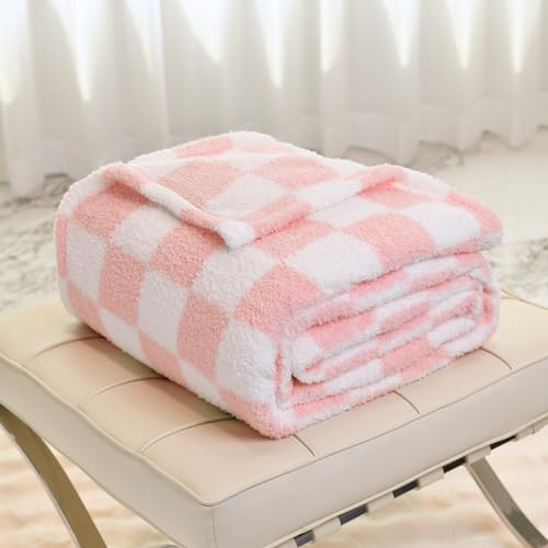 DREAMLANDING Checkerboard Checkered Blanket Grid Chessboard Gingham Throw Blanket Fuzzy Fluffy Cozy Thick Warm Soft Microfiber Plaid Blanket for Home Decor Bed Sofa Couch (Pink Plaid,127 * 152cm)