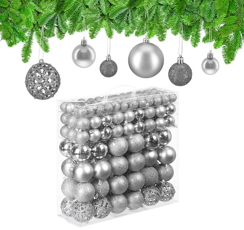 Relaxdays Weihnachtskugeln, 150er Set, glitzernde, Matte & glänzende Christbaumkugeln, Kunststoff, ∅ 3, 4 & 6 cm, Silber