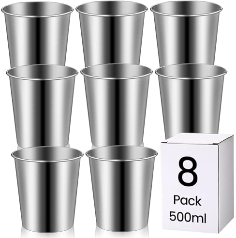 Edelstahl Tassen - 500ml Wiederverwendbare Metall Becher - 8 Stück Stapelbare Trink Gläser - Camping, Wandern, Outdoor, Indoor-Aktivitäten - Erwachsene Kinder Kleinkinder Anwendbar