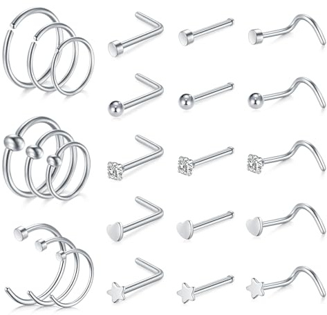 AVYRING Piercing da naso in acciaio inox ipoallergenico a forma di L, con zirconia cubica, 22 G, 20 G, 18 G, confezione da 18 pezzi o 24 pezzi, 20G (0.8mm), Acciaio inossidabile