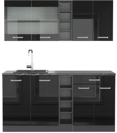 Vicco Singleküche R-Line, Schwarz Hochglanz/Anthrazit, 160 cm ohne Arbeitsplatte, zur individuellen Erweiterung mit zusätzlichen Modulen geeignet