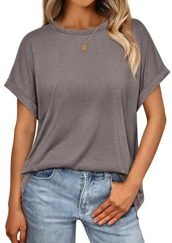 AUTOMET Women's Oversized Short Sleeve T Shirts Casual Drop Shoulder Rolled Cuff Summer Tops for Work, Travel and Lounge CoffeeGrey M