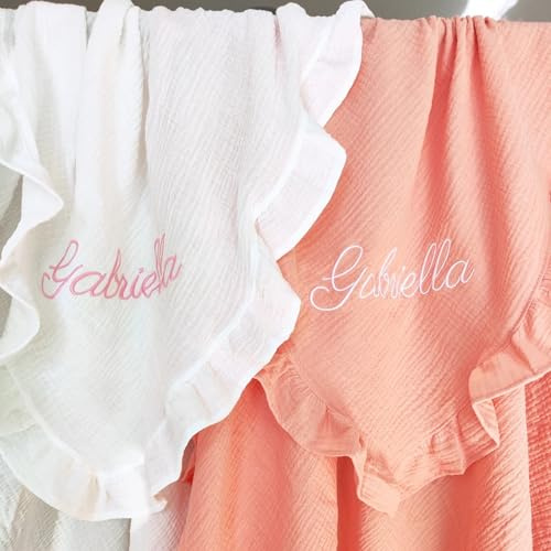 Manta de bebé personalizada Ter, manta de muselina de algodón con volantes, manta ligera para todas las estaciones, beige, tamaño personalizado (nombre)