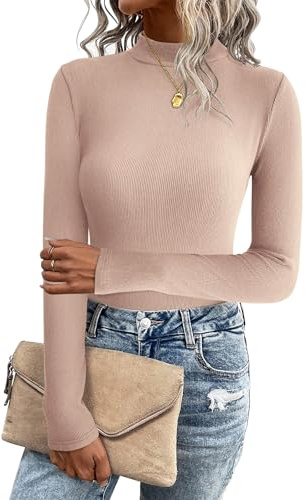 Zeagoo Mujer Jersey De Punto De Invierno Sudadera De Manga Larga con Cuello Alto Jersey Ligero Blusa Elástica Tops Básicos Beige XXL