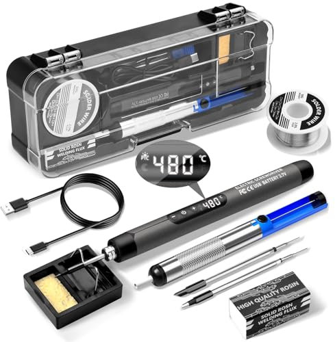 Daakro Kit de fer à souder sans fil USB, avec température réglable, 3 pannes à souder, fil à souder, pâte à souder, kit de soudure pour travaux électriques (gris)