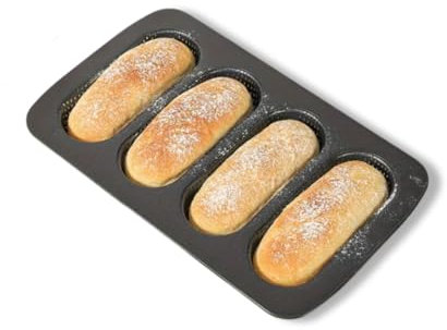 PALUPLUS Stampo per Pane, Misura 34,6x21,5 cm, Teglia da Forno in Acciaio al Carbonio Antiaderente, 4 Forme Forate da 7x17 cm per Mini Baguettes, Resistente fino a 230° -3995F