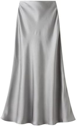 Dam satinkjol, lång fisksvans, kjol, elegant, elastisk, hög midja, siden, maxikjol, silvergrå, M