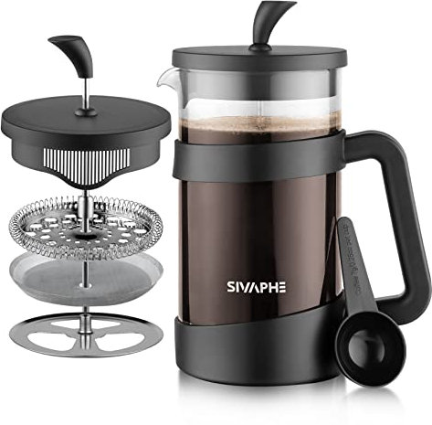 Sivaphe French Press Kaffeemaschine I Tragbare Cafetière mit Dreifachfilter I Hitzebeständiges Glas mit Löffel (black, 350ml)