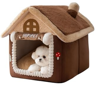 Galatée Casa para Gatos, Linda Cueva con Chimenea, Casa Suave con Dibujos Animados, Cálido Refugio para Gatos, Tienda De Campaña para Perros con Cojín Extraíble(S, Marrón)