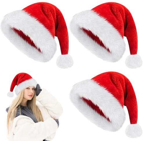 Cappello Babbo Natale, 3 Pezzi Cappello di Natale adulto, Cappelli Natales in Peluche Unisex, Cappelli natalizi Rosso e Bianco, extra spesso, Cappellini Natales per feste di natalizi e Capodanno