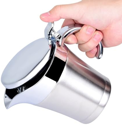 BOENLU Double Insulated Stainless Steel Gravy Boat, 304 Grade Steel, Thermal Control, Hinged Lid with One-Hand Operation, for Sauces, Cream, Beverages (S 450ml)