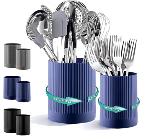 Kyraton Set de 2 Porte-Ustensiles de Cuisine, Rotatif 360° – Extra-Large en Plastique pour Comptoir + Petit Récipient pour Couverts, Brosses à Dents, Stylos & Crayons de Bureau.