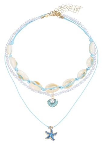 sourcing map Sea Shell Necklace for Women, Handmade Summer Bead Beach Shell Charm Starfish Pearl Bead Necklace Layered Adjustable Boho Beach Jewelry for Vacation Gift (Blue, Pack of 3)