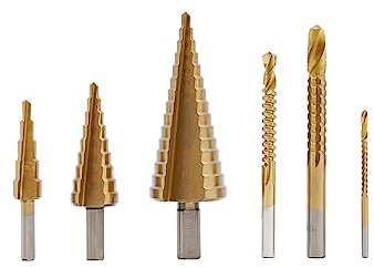 SuhoFutus 6-delad borrsats av HSS, 3 stegborrar (4–32 mm) och 3 spiralborrar, slitstarka, korrosionsbeständiga, med förvaringslåda, för trä, plast, aluminium och tunn metall