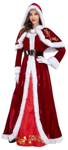 Genérico Disfraz de Mamá Noel para Mujeres Traje Navideño Completo con Capucha Capa Cinturón Guantes Noel Mama Santa Claus Rojo Vestido para Fiestas y Eventos de Navidad