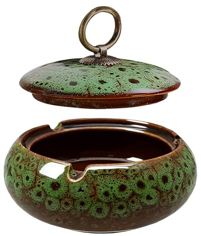 Cenicero de Cerámica con Tapas, Ashtray Ceramic,Ashtray Vintage,Interior o Exterior,Cenicero Antiolores,Convient aux Maisons, Terrasses,Bureaux,Cafés(Verde)