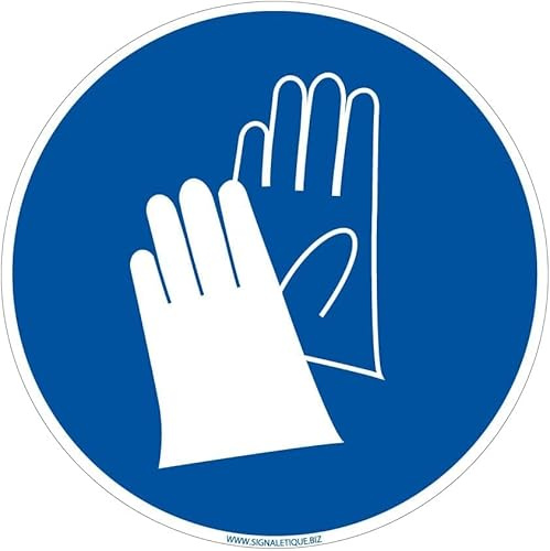 Signalétique.biz France - Panneau d'obligation Port de gants de protection obligatoire. Obligation Signalisation EPI. Autocollant, PVC, Alu - Diamètre 125 mm - Adhésif