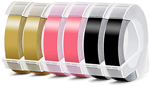 Aken kompatibel mit 3D Prägebänder 9mm als Ersatz für Dymo Omega Prägeband für Dymo S0717930 Omega S0717900 Junior Prägegerät, 3D Prägebändern Etikettenband 9mm, Prägebänder Schwarz/Gold/Rosa