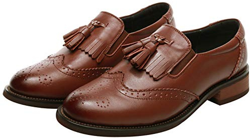 ANUFER Femmes Cuir Véritable Gland Loafers Brogues Facile à Mettre Escarpins