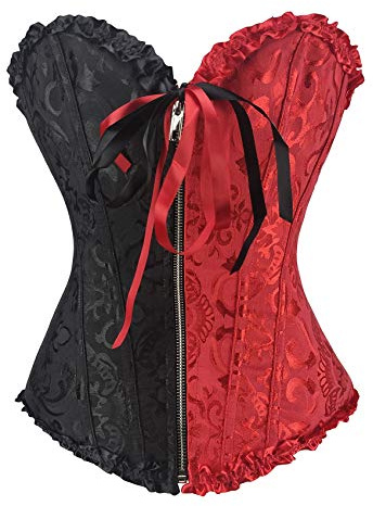 PAUSUNA Women's Black Red Bustier Burlesque Basque Rouge Zip Lace Up Boned Corset Top (Floral Black Red (Zip up), S)