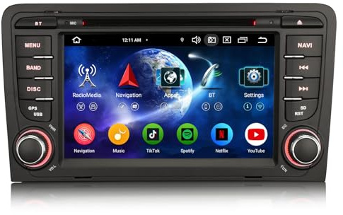 Erisin 8 Núcleos 4GB+64GB Android 14 Coche Audio Estéreo de Automóvil para con GPS Sat Nav Audi A3 S3 RS3 RNSE-PU 7 IPS Soporte CarPlay Android Auto DSP Bluetooth 5.0 DVD WiFi Dab+ USB Canbus OBD2