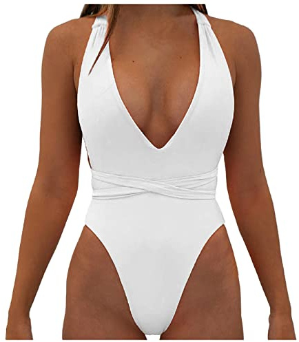 Routefuture Maillot de Bain Femme 1 Pièce Sexy Col V Monokini Licou Maillot Une Pièce Amincissant Dos croisé Rétro Maillot de Bain Couleur Unie Body Swimwear,Blanc,S