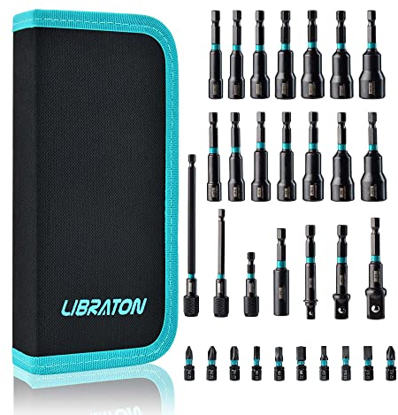 Libraton 31Piezas destornillador de tuercas magnéticas, Brocas de taladro de impacto de 1/4, Brocas de destornillador, Adaptadores de vaso de impacto, Soporte de broca, Extensiones