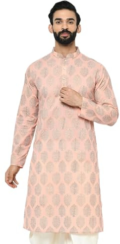 KISAH Mens Kurta - Printed Cotton Blend Tunic with Mandarin Collar, Regular Fit - Indian Wedding Outfit for Men - Festive Wear for Diwali, Eid & Celebrations D Pink
